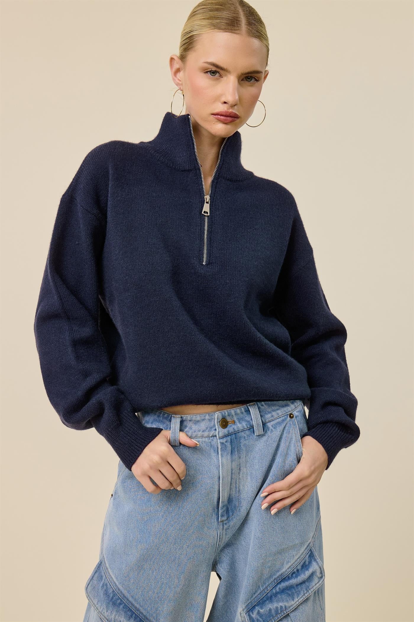 Navy Half Zip Mock Neck Sweater