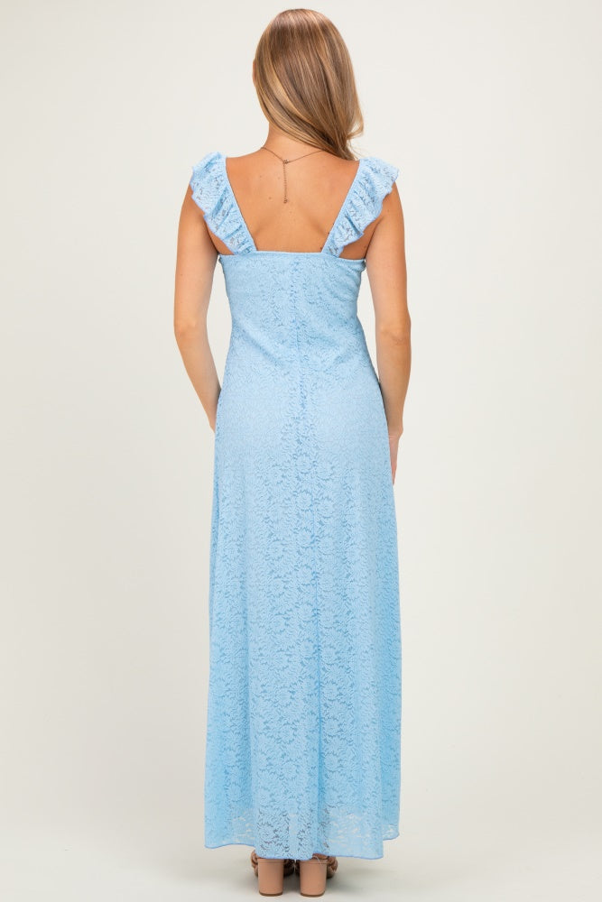 woman wearing a light blue lace maxi dress with ruffled shoulder straps, shown from the back