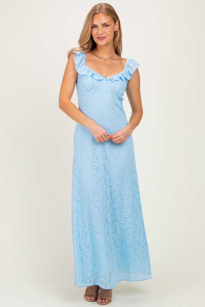 woman wearing a light blue lace maxi dress with ruffle shoulders and a fitted bodice