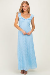woman wearing a light blue lace maxi dress with ruffle shoulders and a fitted bodice