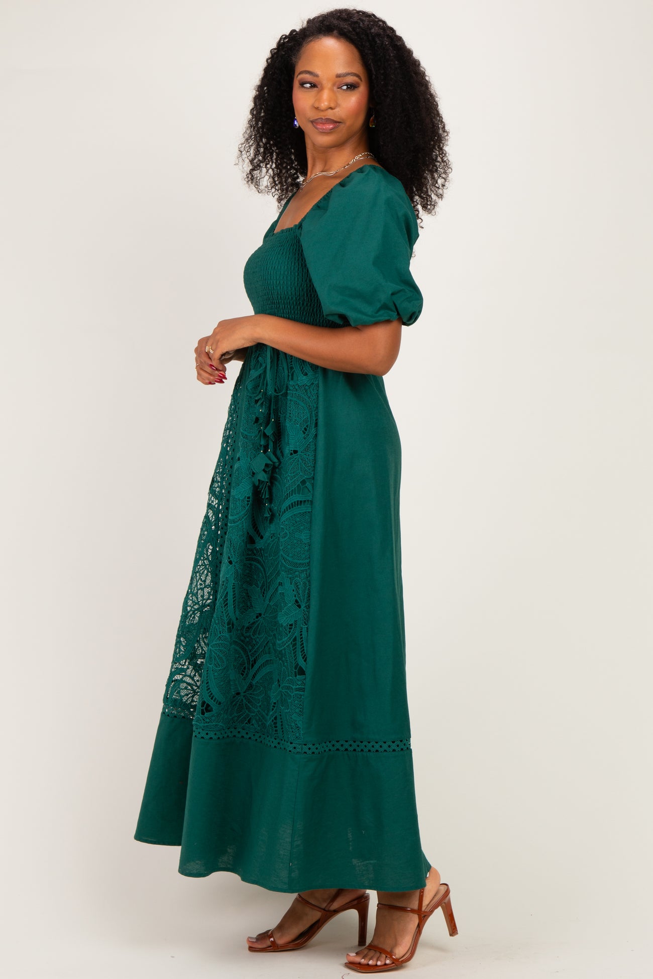 Hunter Green Crochet Lace Smocked Maxi Dress