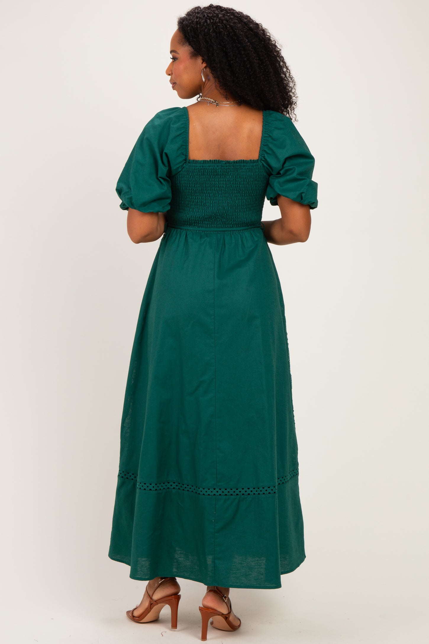 Hunter Green Crochet Lace Smocked Maxi Dress
