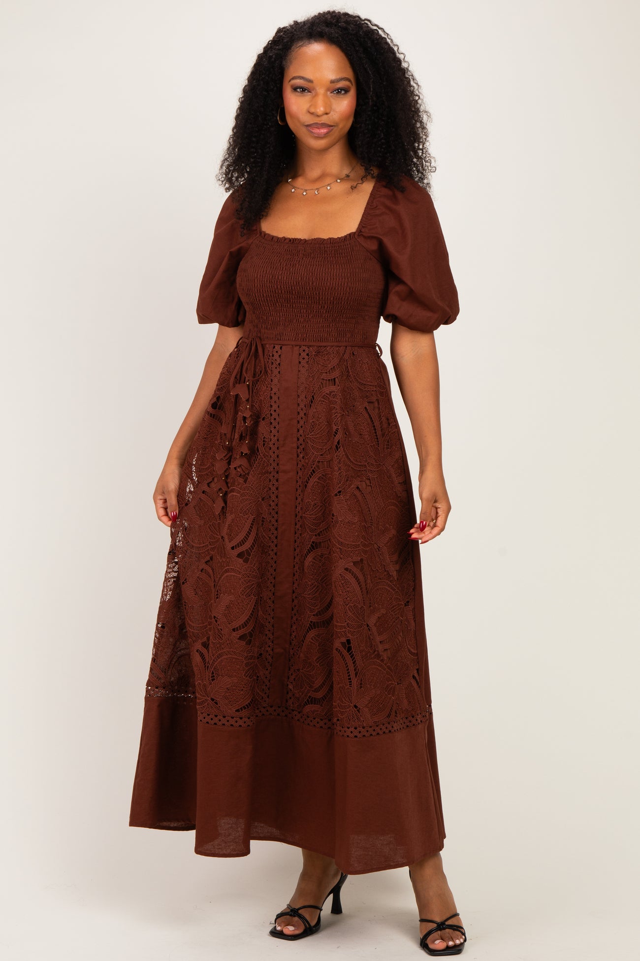 Dark Brown Lace Smocked Maxi Dress