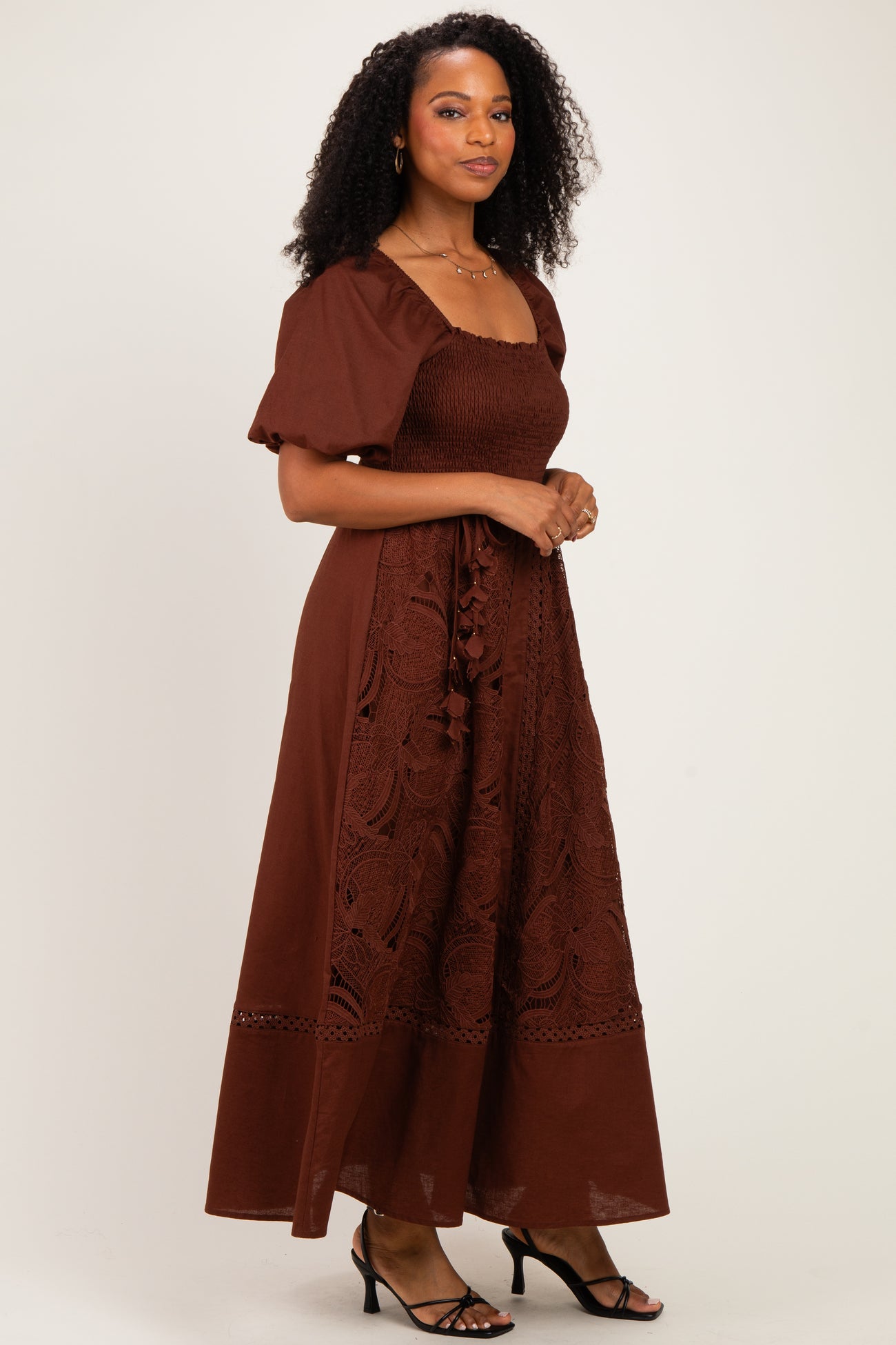 Dark Brown Lace Smocked Maxi Dress