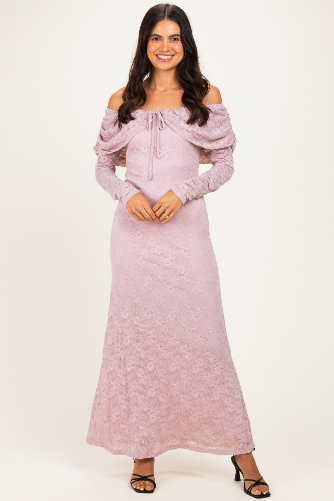 Light Pink Lace Off Shoulder Long Sleeve Maternity Maxi Dress