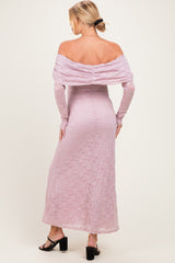 Light Pink Lace Off Shoulder Long Sleeve Maternity Maxi Dress