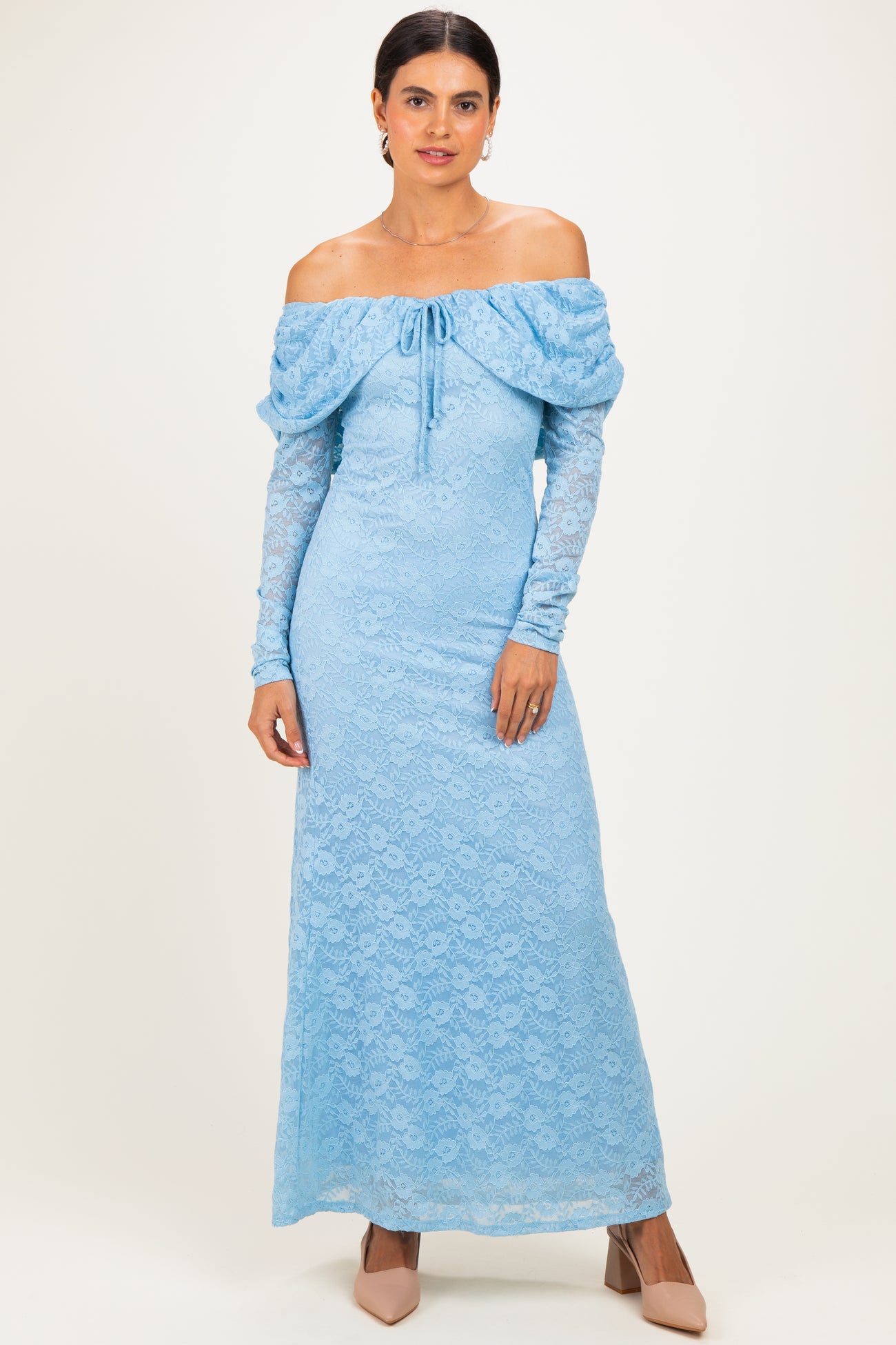 Light Blue Lace Off Shoulder Long Sleeve Maternity Maxi Dress