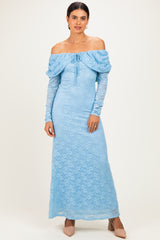 Light Blue Lace Off Shoulder Long Sleeve Maternity Maxi Dress