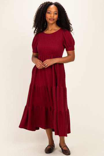 Burgundy Solid Short Sleeve Tiered Maternity Maxi Dress