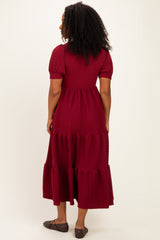 Burgundy Solid Short Sleeve Tiered Maternity Maxi Dress