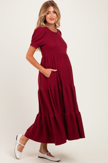 Burgundy Solid Short Sleeve Tiered Maternity Maxi Dress