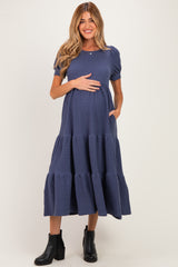 Blue Solid Short Sleeve Tiered Maternity Maxi Dress