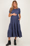 Blue Solid Short Sleeve Tiered Maternity Maxi Dress