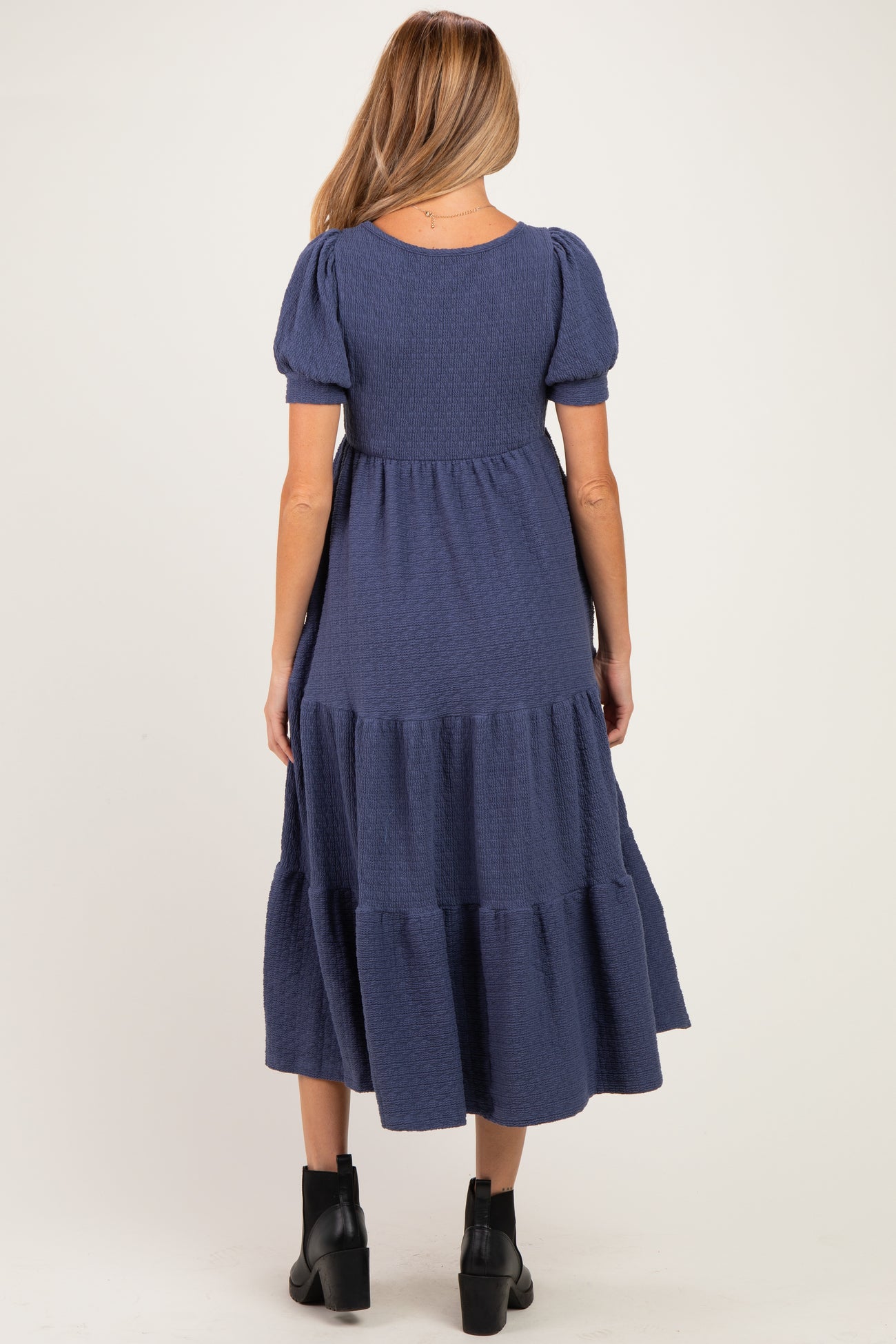 Blue Solid Short Sleeve Tiered Maternity Maxi Dress