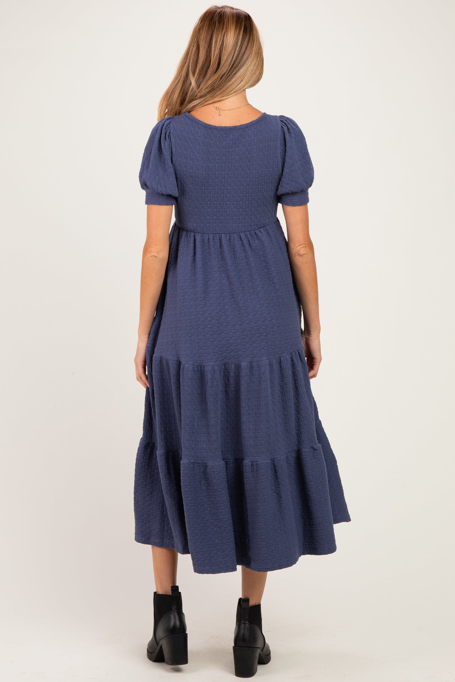 Blue Solid Short Sleeve Tiered Maternity Maxi Dress