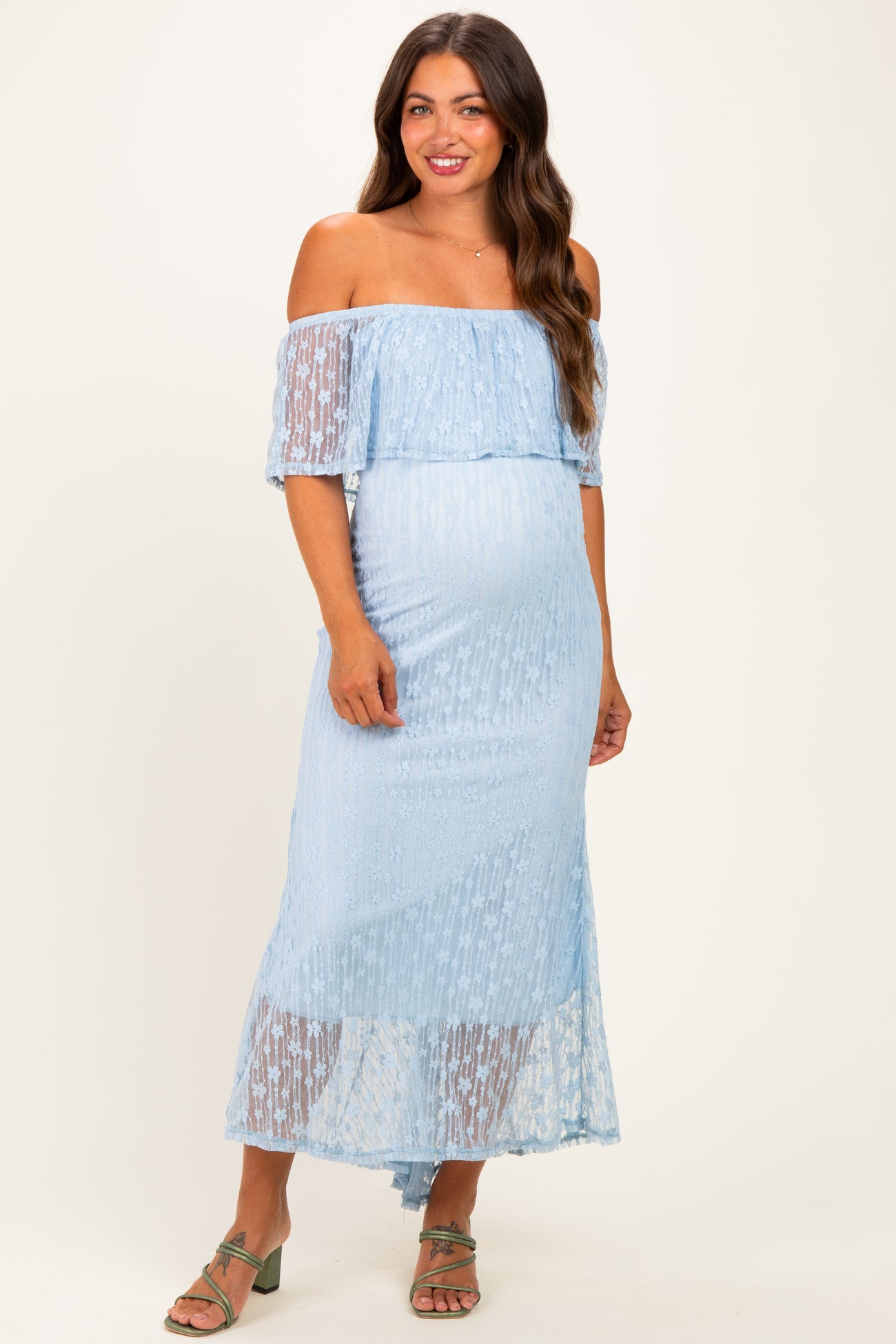 Light Blue Off Shoulder Lace Maternity Maxi Dress
