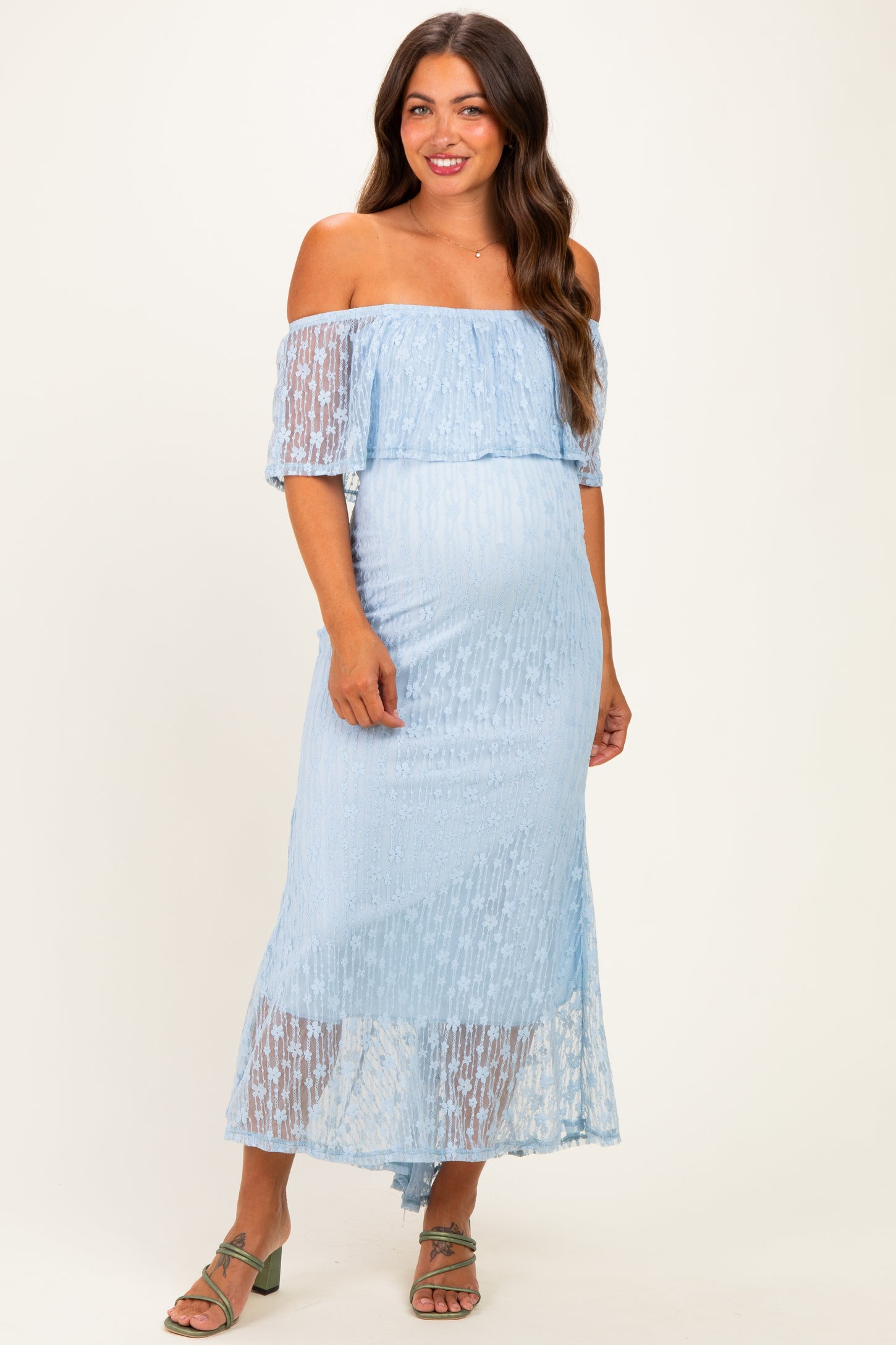 Light Blue Off Shoulder Lace Maternity Maxi Dress