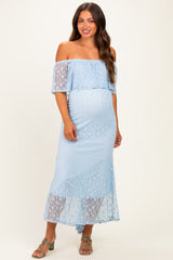 Light Blue Off Shoulder Lace Maternity Maxi Dress