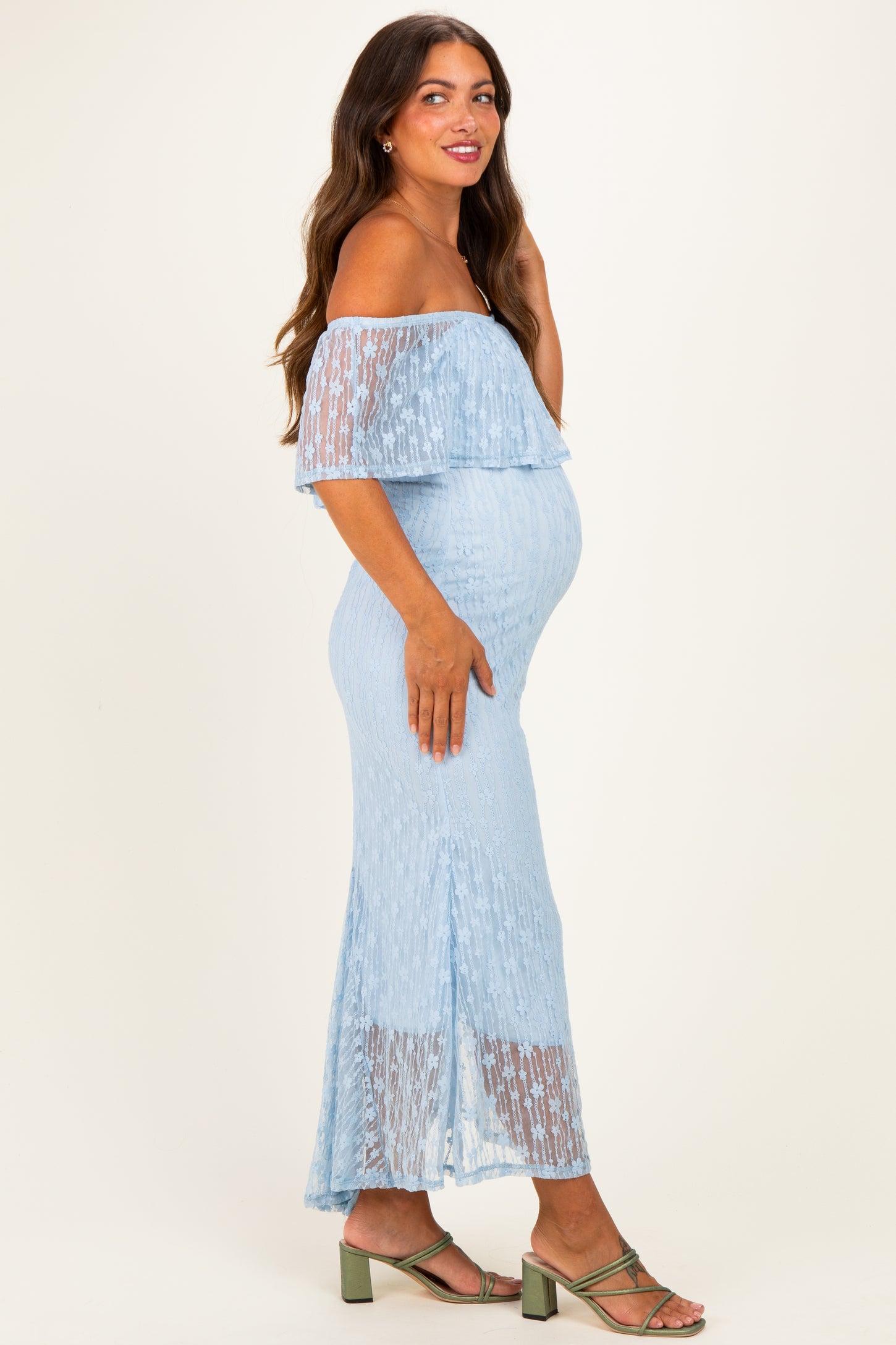 Light Blue Off Shoulder Lace Maternity Maxi Dress