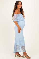 Light Blue Off Shoulder Lace Maternity Maxi Dress