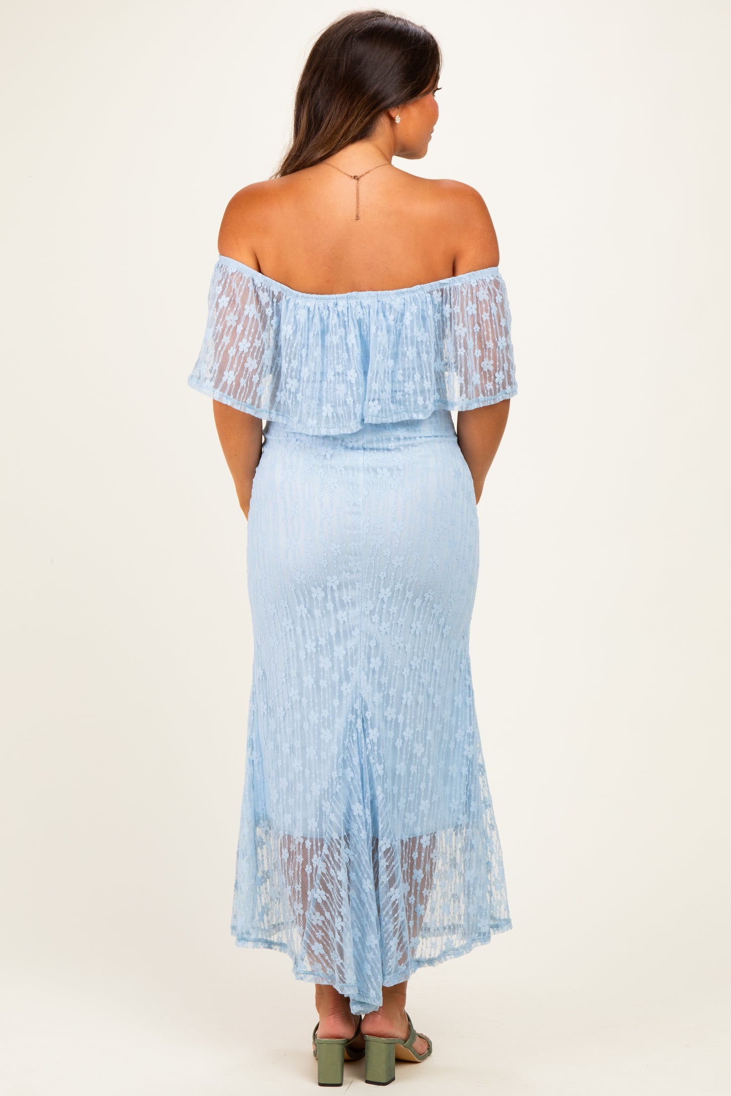Light Blue Off Shoulder Lace Maternity Maxi Dress