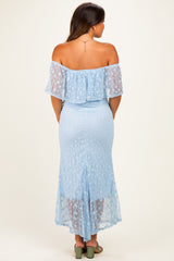 Light Blue Off Shoulder Lace Maternity Maxi Dress
