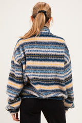 Blue Printed Fleece Oversized Half Zip Maternity Pullover