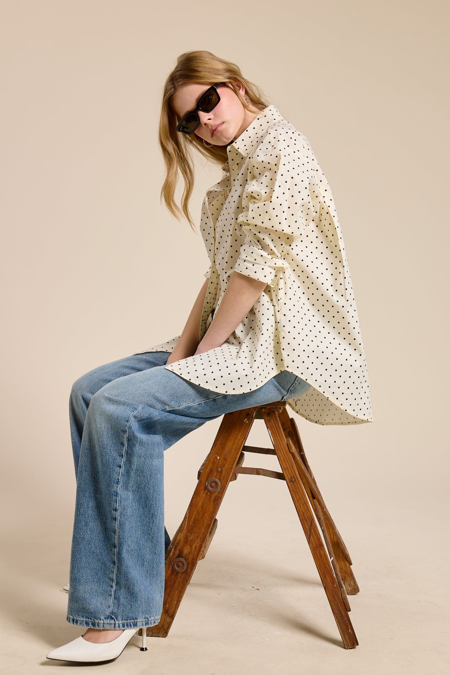 Ivory Polka Dot Oversized Button Down Shirt