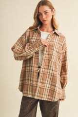 Beige Brushed Plaid Oversized Maternity Shirt Jacket