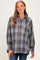 woman wearing a blue and gray plaid maternity shirt with button closure and relaxed fit