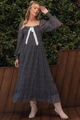 Black Dot Smocked Ribbon Tie Ruffle Maternity Maxi Dress