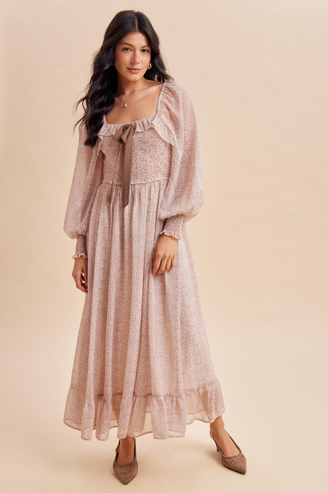 Primrose Brown Dot Smocked Ribbon Tie Ruffle Maternity Maxi Dress