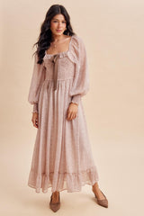 Primrose Brown Dot Smocked Ribbon Tie Ruffle Maternity Maxi Dress