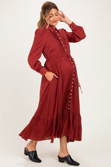 Terracotta Pleated Front Button Down Maternity Maxi Dress