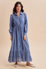 Blue Pleated Front Button Down Maternity Maxi Dress