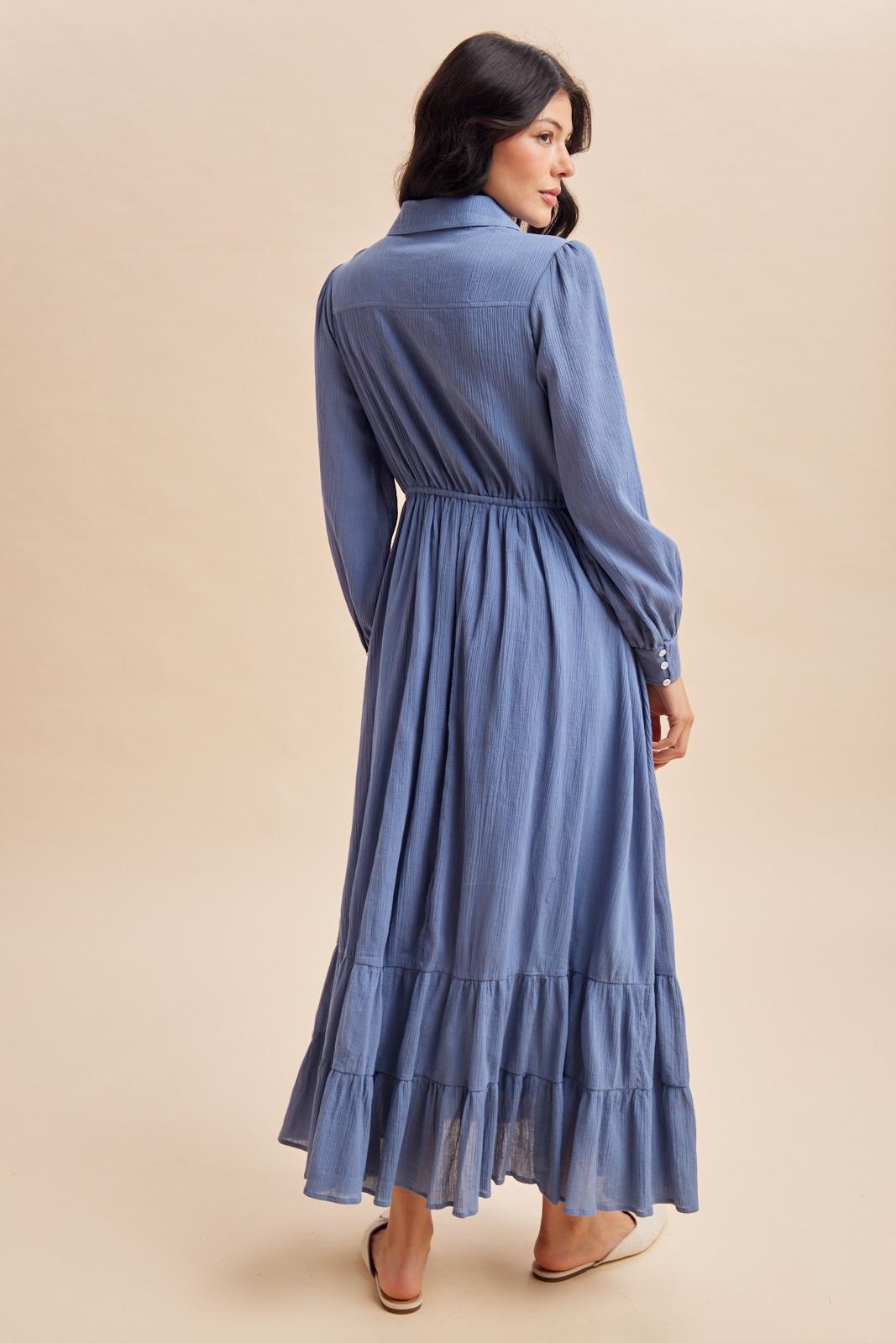 woman wearing a blue long sleeve maxi dress with a tiered hem and cinched waist, shown from the back
