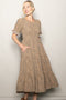 Taupe Floral Smocked Lace Trim Midi Dress