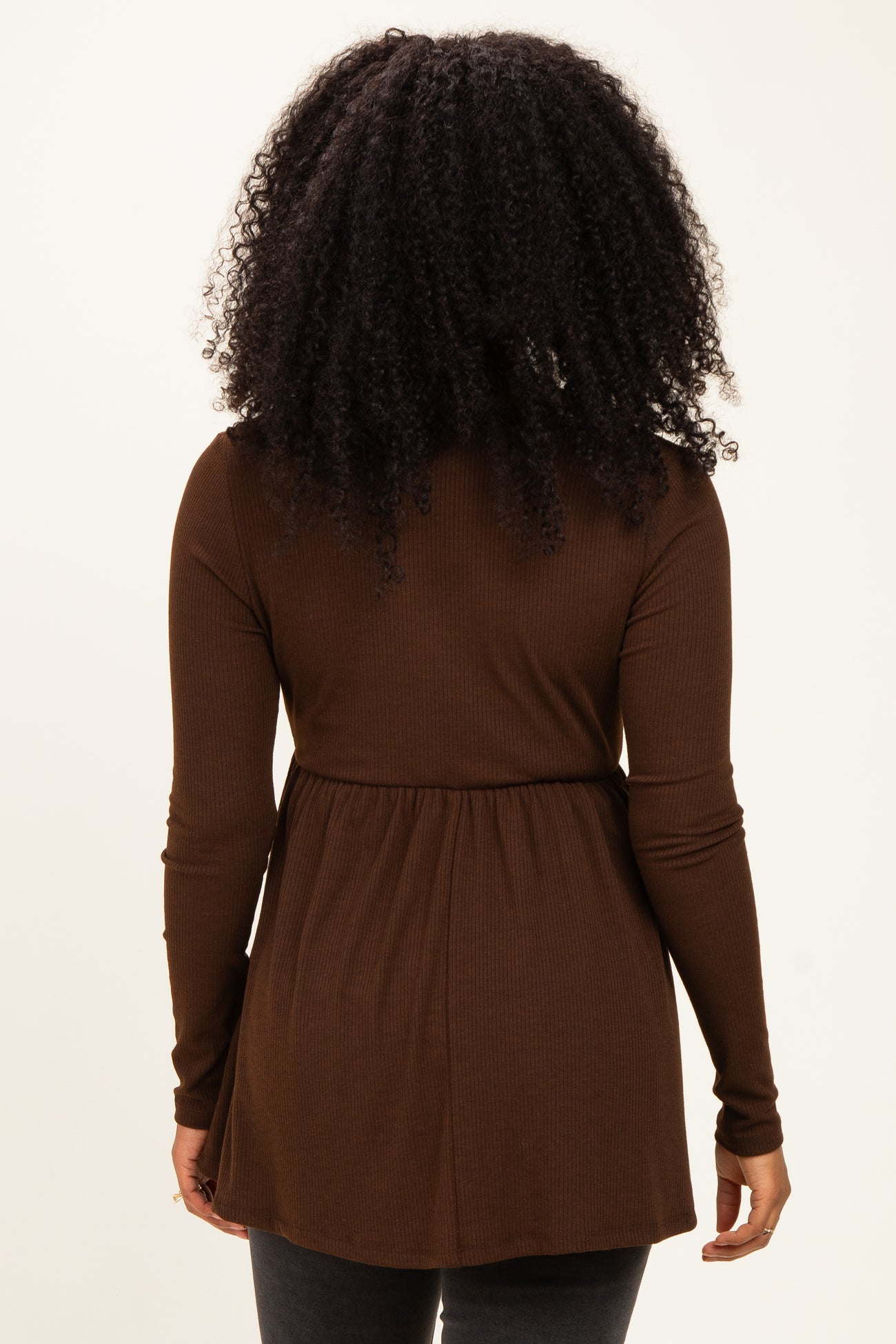Brown Scoop Neck Button Front Long Sleeve Babydoll Top