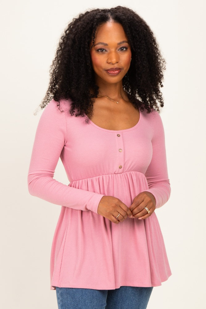 Mauve Scoop Neck Button Front Long Sleeve Babydoll Top