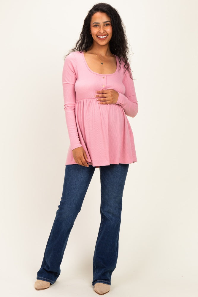 Mauve Scoop Neck Button Front Long Sleeve Babydoll Maternity Top