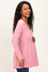 Mauve Scoop Neck Button Front Long Sleeve Babydoll Maternity Top