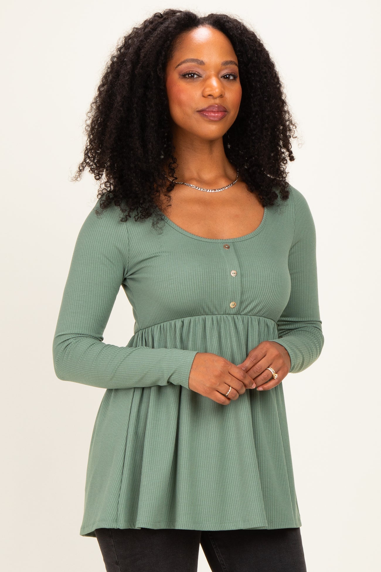 Sage Scoop Neck Button Front Long Sleeve Babydoll Maternity Top