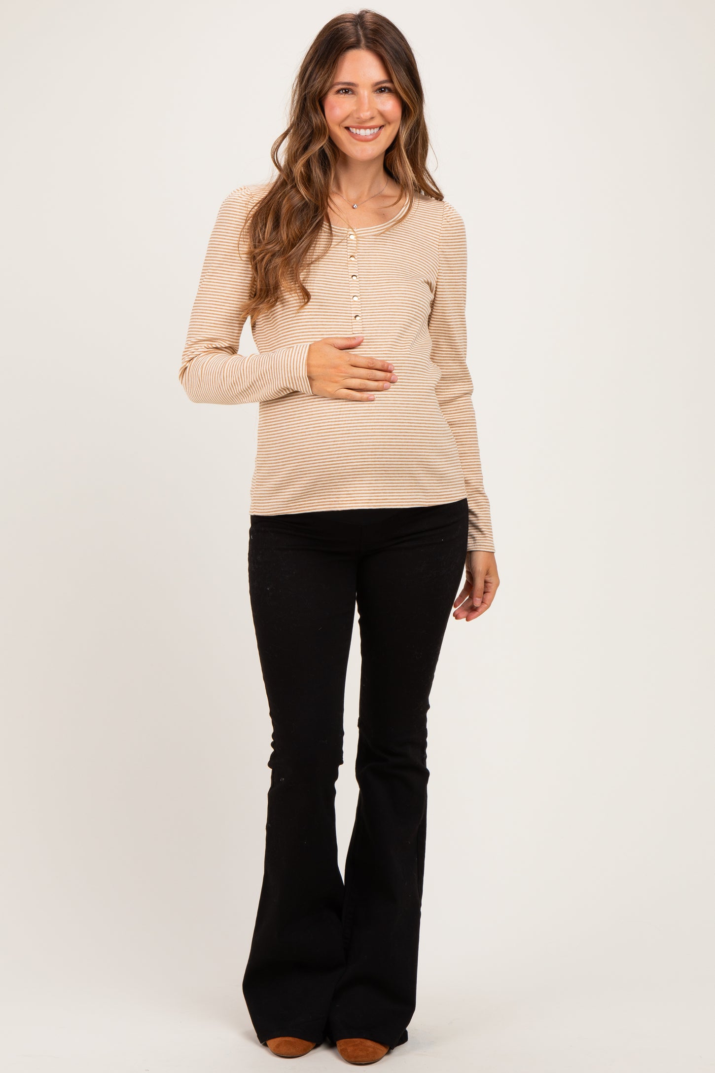 Camel Pinstriped Scoop Neck Maternity Henley Top