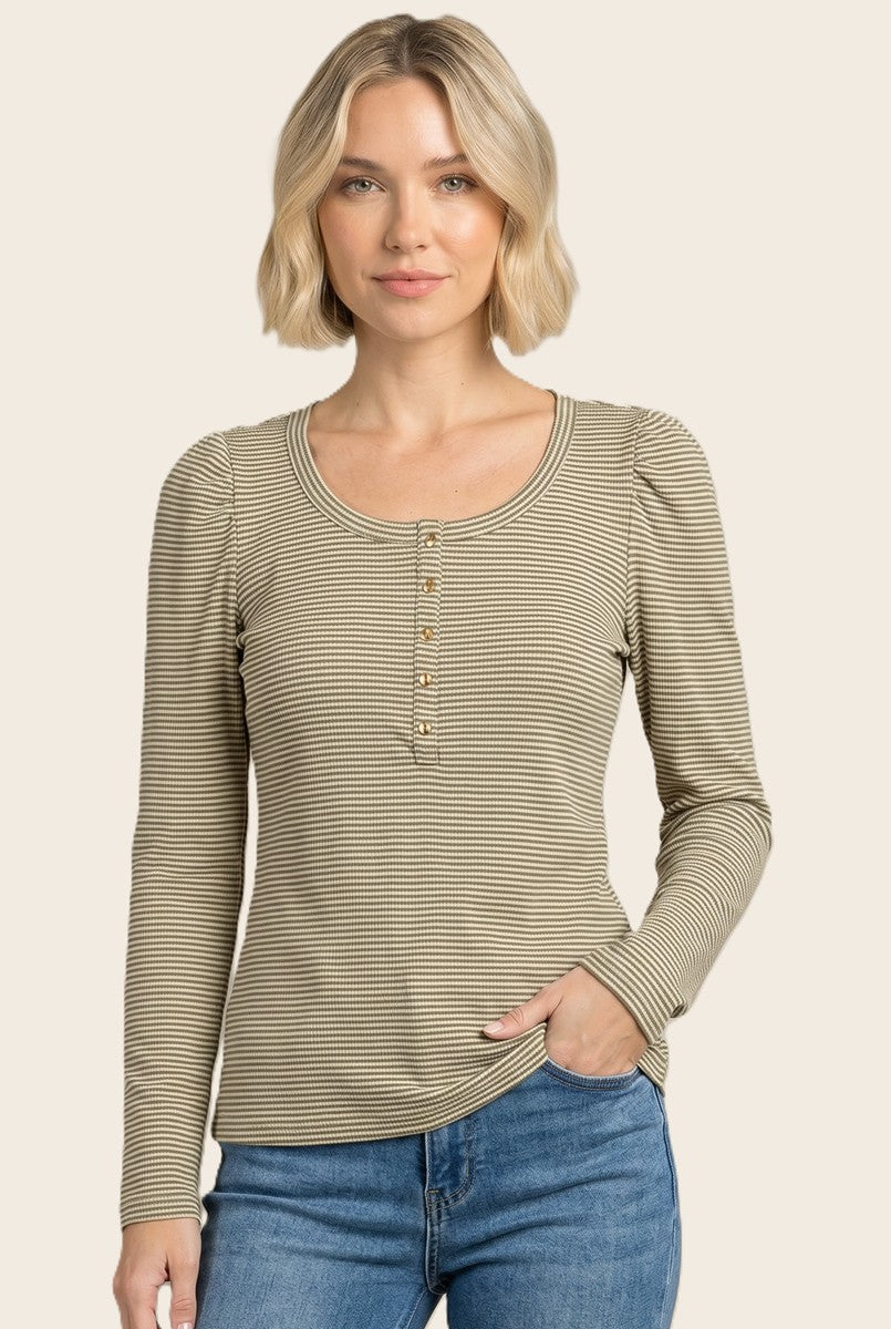woman wearing a cream and olive striped long sleeve top with button details and puff sleeves