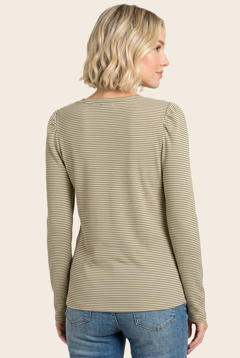 woman wearing a striped long sleeve top with gathered shoulder details and back view, paired with blue jeans