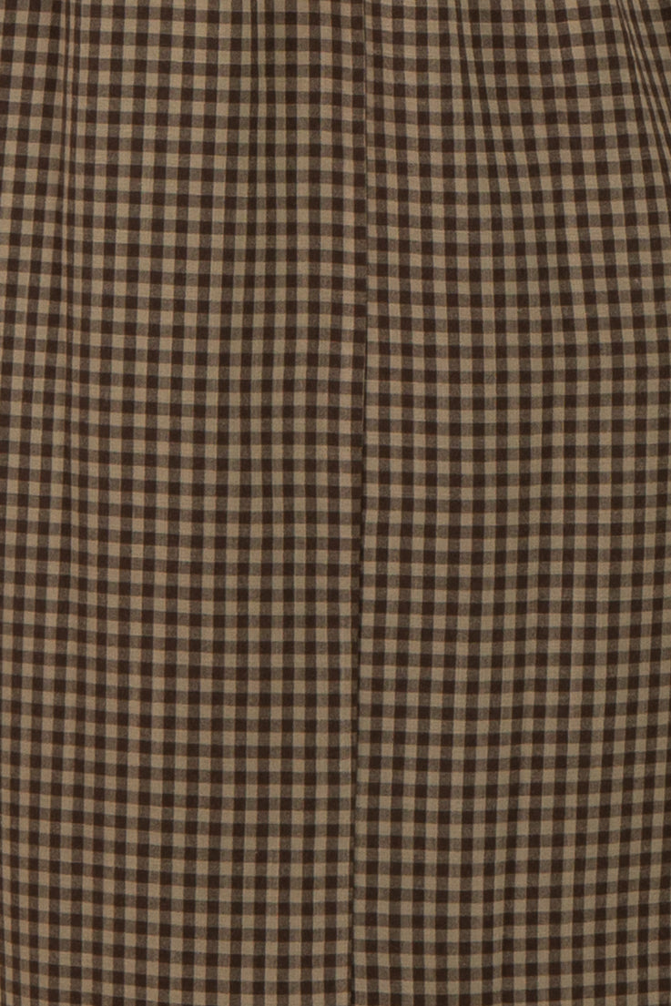 maternity wear in a brown and beige gingham pattern with a loose, flowing fit