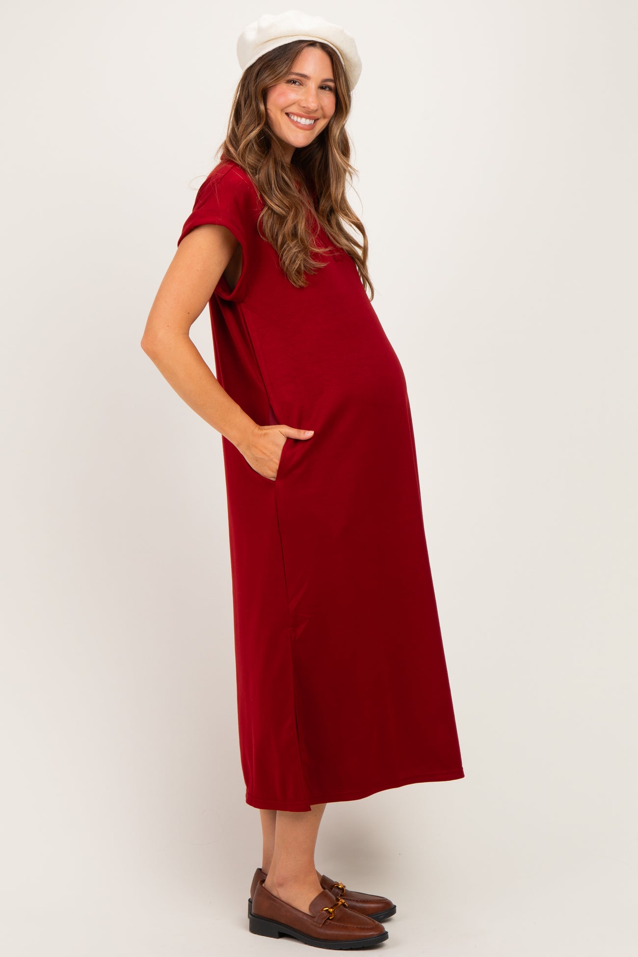 Burgundy Collared Oversized Maternity Midi Dress