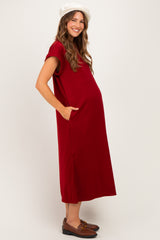 Burgundy Collared Oversized Maternity Midi Dress