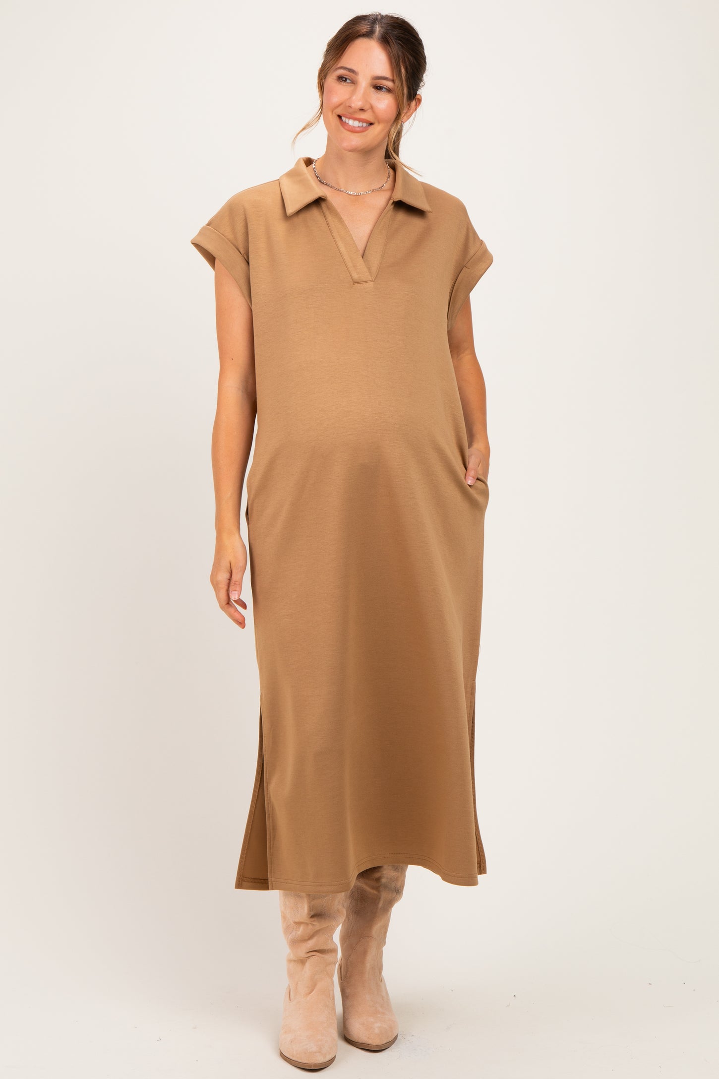 Camel Collared Oversized Maternity Midi Dress