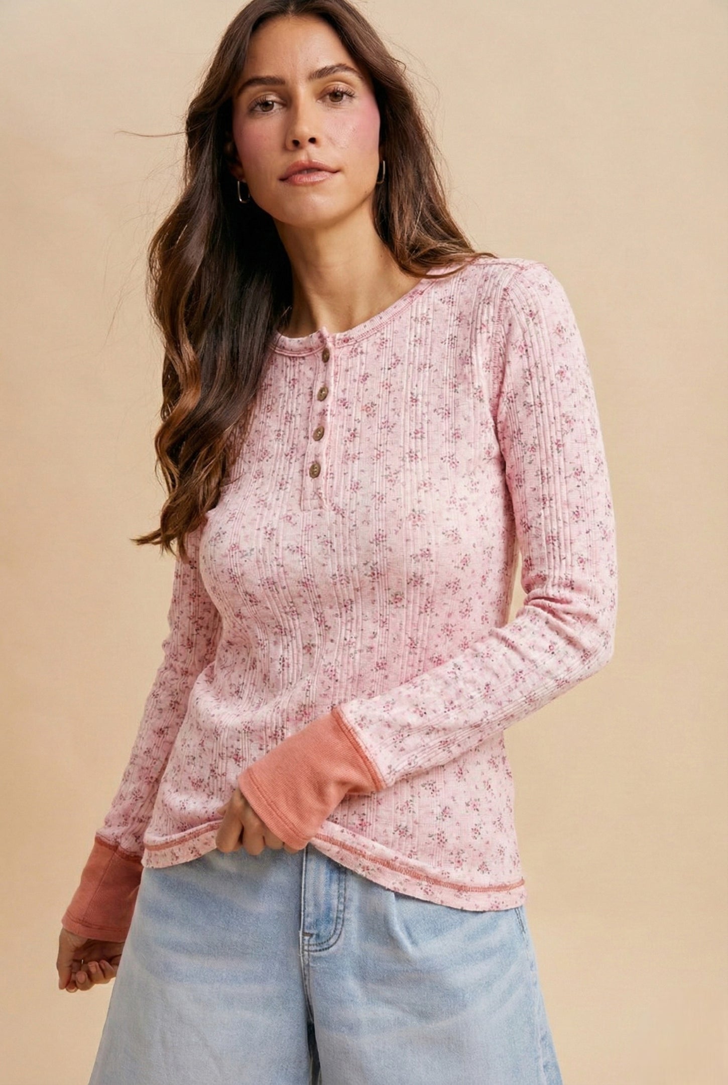 Soft Pink Floral Ribbed Maternity Henley Top